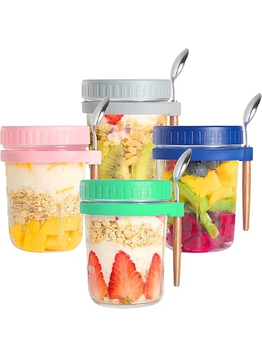 Premify 4 Pack 350ml Overnight Oats Jars with Lids &amp; Spoons, Reusable Glass Overnight Oats Container With Measurement Marks, Food Storage For Breakfast Pots, Oatmeal Container For Milk, Cereal, Fruit