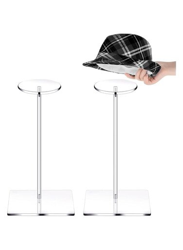 SWIUKPHE 2 Set Clear Hat Stand and Wig Display Rack, Acrylic, Hat Stands for Display, Clear Round Riser Stands for Wig Hat Display, Riser Wig Display Holder for Hat Watch 12&quot;, Square Bottom
