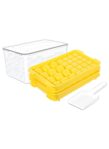 Round Ice Cube Trays, Ice Ball Maker Mold with Lid &amp; Bin, Ice Trays for Freezer with Container Mini Circle Ice Mold Making Sphere Ice Chilling Cocktail Tea Coffee&iuml;&frac14;&circ;Yellow&iuml;&frac14;&permil;