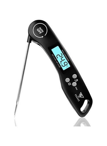 DOQAUS Digital Meat Thermometer, Instant Read Food Thermometer with Backlight LCD Screen, Foldable Long Probe &amp; Auto On/Off, Meat Thermometer Probe for Kitchen, BBQ, Water, Milk, Cooking Food (Black)