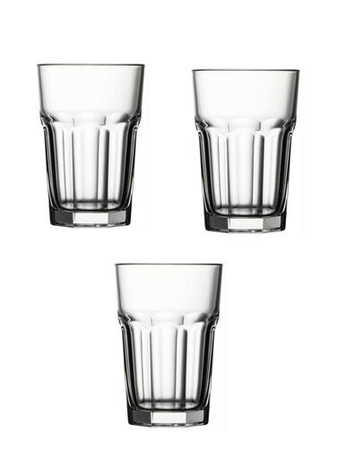 3 Pieces Casablanca Long Drink Glass Set 355 Ml, 122 Mm Height, 83 Mm Diameter, Fully Tempered Clear