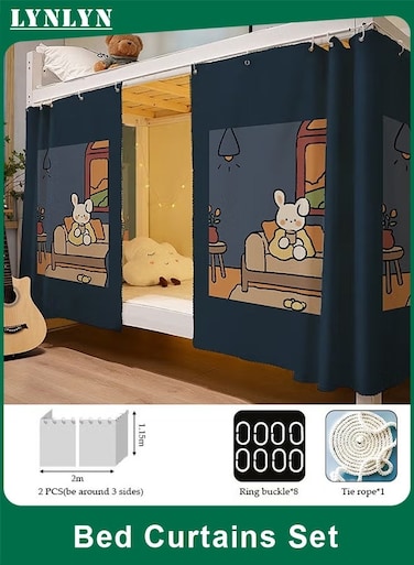 Cute Rabbit Bunk Bed Privacy Curtains 2 Panel Blackout Bed Tent Drapes for Dorm Single or Twin Bottom Bunk Dustproof Mosquito Proof Bed Canopy