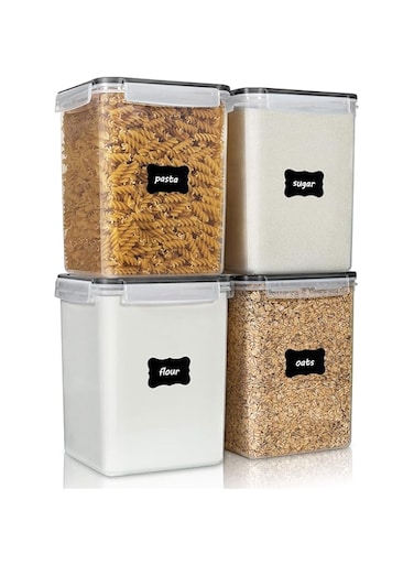 Vtopmart 4PCS BPA Free Plastic Large Food Storage Containers 5.2L / 176oz for Flour, Sugar, Baking Supplies, with 4 Measuring Cups and 24 Labels, Black