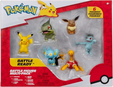Pokemon Battle Figure 6-Pack Multipack Pikachu, Axew, Shinx, Eevee, Machop &amp; Shuckle, Official Figures, Battle Ready, 5 cm Each, Action Figurines, Collectibles, Display Figures, Toys For Boys