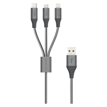 Cellairis Premium Nylon 3-in-1 Micro USB, USB-A, USB-C and Lightning Charging Cable, Dark Grey, 1.5m