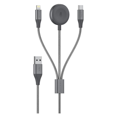Cellairis Premium Nylon 3-in-1 USB-A, USB-C and Lightning Charging Cable with Magnetic Watch Charger, Grey, 1.5m