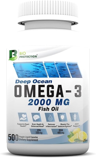 Bio-Protection Omega 3 Fish Oil Capsules, Formula With EPA &amp; DHA 2000mg, Heart Health, Joint Support, Lemon Flavor, 500 Veggie Liquid Capsules