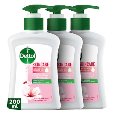 Dettol Skincare Handwash Pump, Rose &amp; Sakura Blossom Fragrance, 200ml Pack of 3