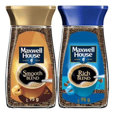 Maxwell House Smooth Blend Instant Coffee, 95g + Rich Blend Instant Coffee, 95g