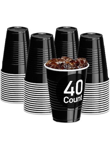 Black Plastic Cups, Disposable Cups, Reusable Party Supplies 12 oz Disposable Plastic Cups for Wedding Birthday Beverage Drinking Water Cups for Indoor Outdoor Event Bachelorette Camping (40 Count)