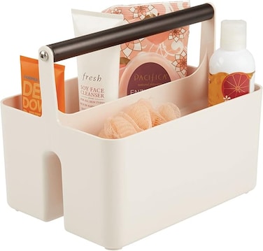 mDesign Plastic Shower Caddy Storage Organizer Utility Tote, Divided Basket Bin - Metal Handle for Bathroom, Dorm, Kitchen, Holds Soap, Shampoo, Conditioner - Aura Collection - Cream/Bronze