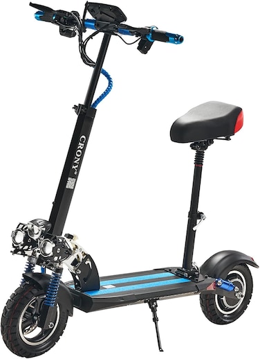 Crony V10 Big LCD Display Electric Scooter With Seat, 1200W Motor, 40-55Km/H Speed, 120Kg Max Load, Front/Rear Shock Absorber And Brake System, LED Base Light, Turn Signal, Triple LED Lights, Blue