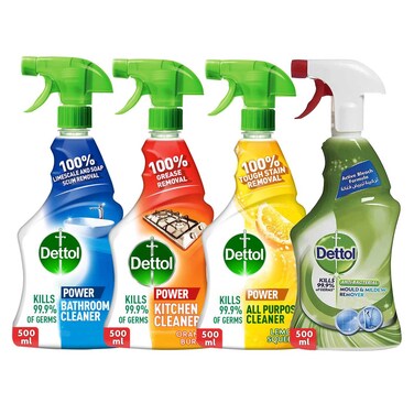 Dettol Spray Bundle (Kitchen, Bathroom, All Purpose, Mold and Mildew Cleaner) 500ml Pack of 4