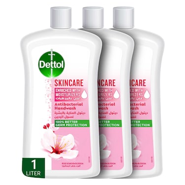 ديتول غسول سائل لليدين للعناية بالبشرة برائحة الورد وزهرة الساكورا 1 لتر حزمة من 3