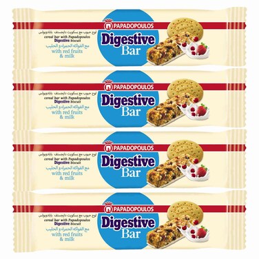 Papadopoulos Digestive Cereal Bar with Red Fruits and Milk, 28g Pack of 5