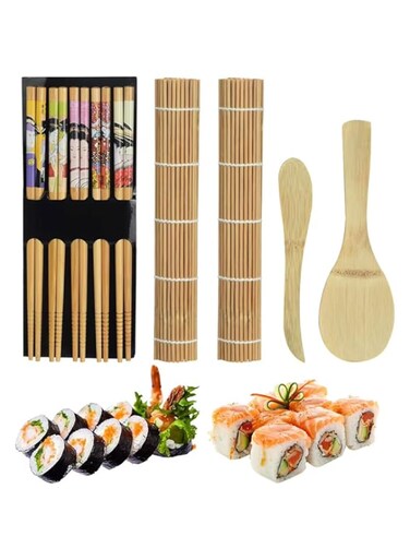 AMERTEER Sushi Making Kit, Bamboo Sushi Maker Kit - 9 PCS Sushi Rolling Kit Includes 2 Sushi Curtain, 1 Spoon, 1 Sushi Blade, 5 Pairs of Chopsticks, Easy to Use Sushi Making Kit for Beginners