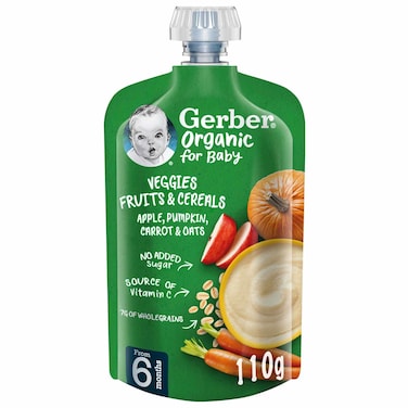 Gerber Organic Veggies, Fruits and Cereals with Apple Pumpkin Carrot and Oats for Baby, 110g