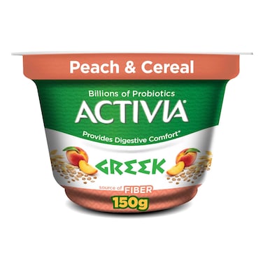 Activia Greek Yogurt, Dairy Snack, Probiotics &amp; fiber, Peach &amp; Cereal Yogurt, 150g