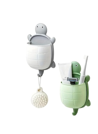 Lovely Turtle Shaped Storage Box, Wall Mounted Remote Control Holder, Hole-Free Self Adhesive Storage Box, Makeup Organizer For Home Bathroom 2pcs (Gray/Green)