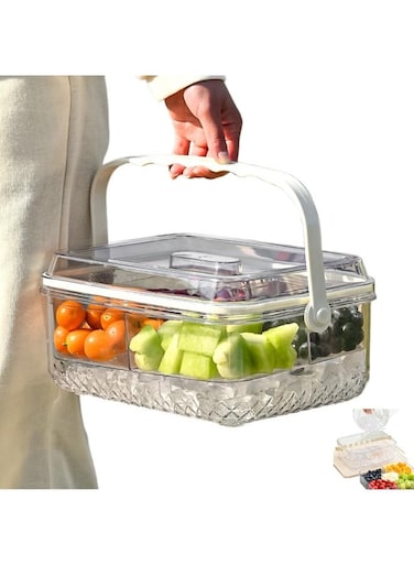 Ice Chilled Divided Serving Tray with Lid and handle Crystal Clear Large Fruit Ice Serving Tray for Outdoor Picnic Travel beach - Ice Chilled Party Platter for Fruits Vegetables Appetizers Salad