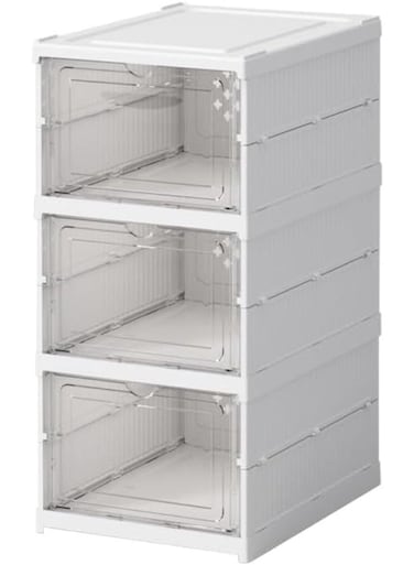 White Modern 3-Tier Folding Shoe Rack with Clear Door, Plastic Sneaker Boxes, Stackable Shoe Organizer for Closet, Entryway, Room, 3 Pairs