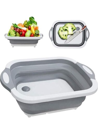 Cutting Board with Built-in Colander &amp; Dish Tub &acirc;&euro;&ldquo; Multi-Functional Foldable Silicone Plastic Washing Basket for Kitchen, Camping, Picnic, BBQ, Food Prep &amp; Storage &acirc;&euro;&ldquo; Space-Saving Design for Home &amp; Outdoor Use