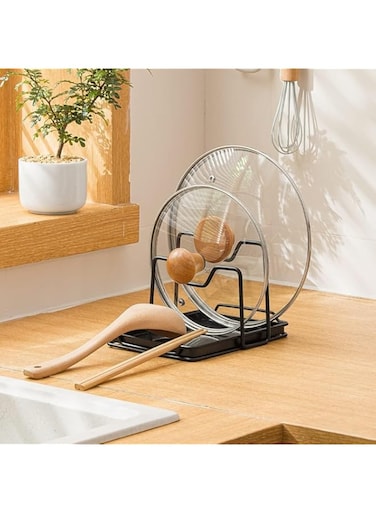 YHRY Pot Pan Lids Holder, Cutting Board Rack, Chopping Board Organizer Stand, Spoon Rest w Drip Tray Kitchen Countertop Black