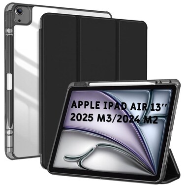 ZOOMEE Case for iPad Air 13 Inch Case 2025 M3/2024 M2 With Pencil Holder, Hybrid Smart Cover iPad 13 Air M3 M2 Case with Clear Transparent Back, Supports Touch ID, Auto Wake/Sleep - Black