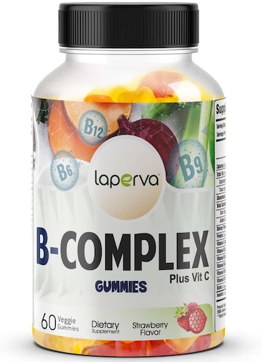 Laperva B Complex Gummies, Strawberry Flavor, 60 Gummies, Vitamin B Supplement, Supports Energy Metabolism, Nervous System Function &amp; Overall Wellness (60 Veggie Gummies-Strawberry)