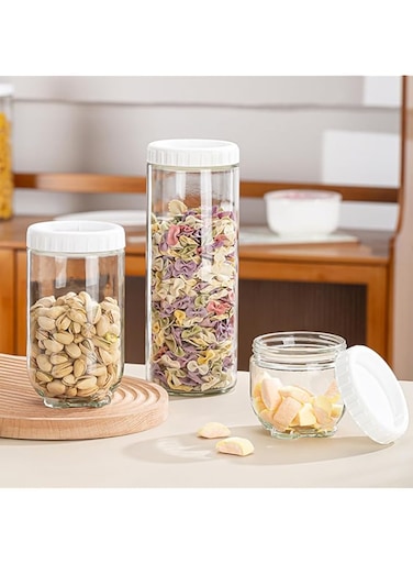 BEROZA 3-piece set of glass spice jars, round glass storage jars with lids, food grain storage spice containers, suitable for noodles, flour, cereals, rice, sugar, tea, coffee beans (A)