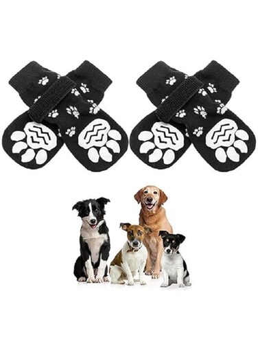 Anti-Slip Dog Socks, Double Side Anti-Slip Soft Comfortable Pet Paw Protectors with Adjustable Straps for Indoor Hardwood Floor Traction Control, Best Puppy Pet Paw Protection, 2 Pairs (Black, M)
