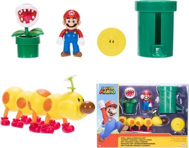 Super Mario Nintendo Soda Jungle Diorama Includes 3 Figures And 2 Accessories: 2.5-Inch Mario, Wiggler, Piranha Plant, Warp Pipe, Coin. Ages 3+ (Officially Licensed)