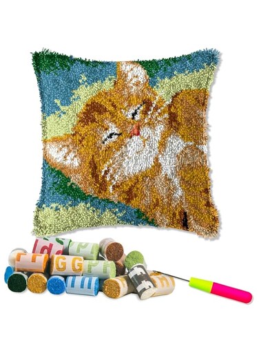 CENXI Latch Hook Kits for DIY Throw Pillow Cover,Cute Cat Needlework Cushion Cover Hand Craft Crochet for Great Family 17X17inch