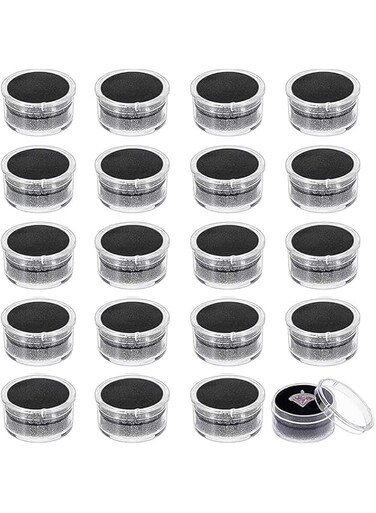 Tazweeq 20 Black Mini Round Stone Boxes, Plastic Nails and Loose Beads Storage Boxes with Sponge Cushion, for Jewellery Bead Display