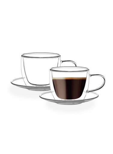CS915 Double Wall Glass Cup and Saucer Set 2 Cups 2 Saucers 180ml Borosilicate Coffee and Tea Glasses