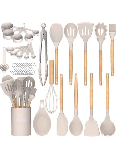 FALAHOM 34 Pcs Chef Kitchen Cooking Utensils Set, Non-Stick Silicone Utensils Spatula Set with Holder, Khaki Wooden Handle Silicone Kitchen Gadgets (Khaki)