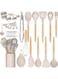 FALAHOM 34 Pcs Chef Kitchen Cooking Utensils Set, Non-Stick Silicone Utensils Spatula Set with Holder, Khaki Wooden Handle Silicone Kitchen Gadgets (Khaki)