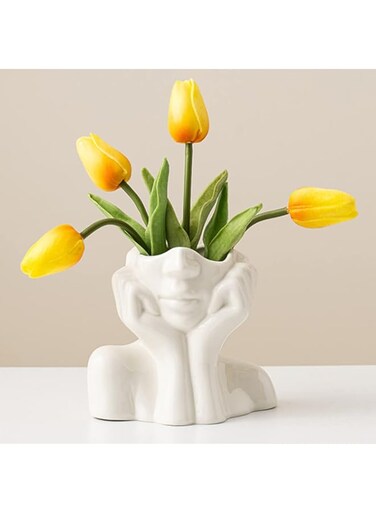 DHYXZCA White Ceramic Face Vase, Female Form Head Half Body Bust Vases Boho Feminist Minimalism Decorative Modern Nordic Style Flower Vase for Home Living Room Office Book Shelf Decor (Medium)