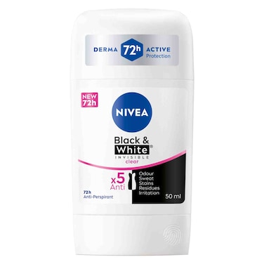 NIVEA Black &amp; White Invisible Antiperspirant Deodorant Stick for Women, Clear, 72H Active Protection, 50ml