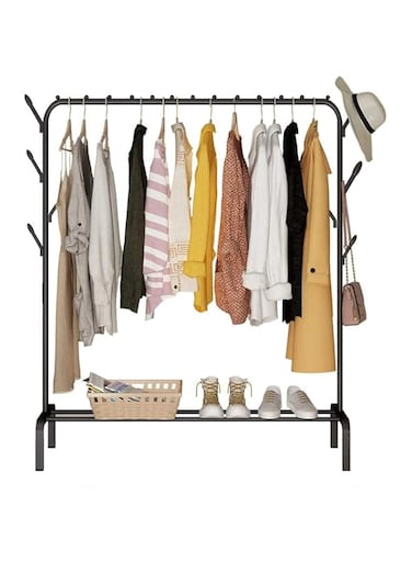 SHOWAY Cloth Rack - Modern Black Iron Clothes, Shoes, Hats &amp; Accessories Stand with 8pcs Hooks &amp; Bottom Storage Shelf - 110cm Length