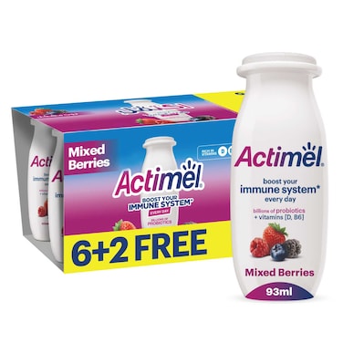 Actimel Mixed Berries Dairy Yogurt Drink, Probiotics Laban Drink Pack of 8x93ml