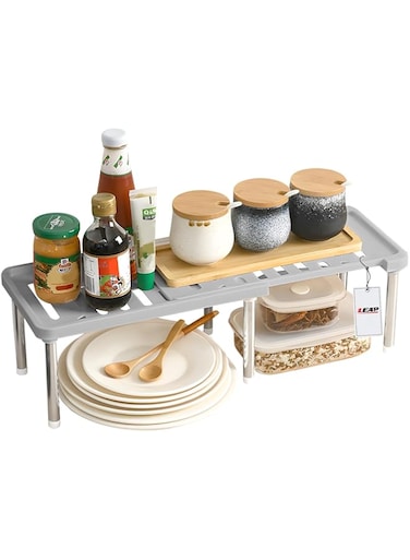 LEAP Retractable Kitchen Storage Rack - Space-Saving &amp; Durable - Stackable Cabinet Shelf, Organizers, and Storage, Kitchen Counter Shelves for Pantry Cupboard, ABS Construction (White - 15.5x24x62cm)