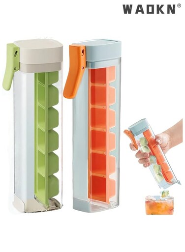 Ice cube mold, one-handed press ice tray, easy to slide out and remove, ice tray, ice cube mold, ice cube container with lid (orange + green)