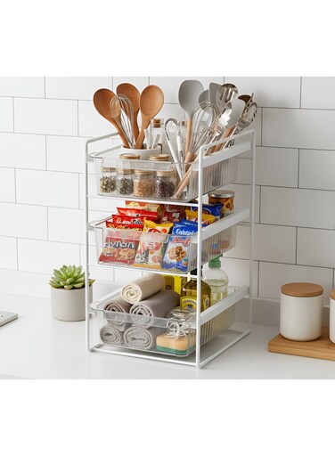 3-Tier Under Sink Organizer with Pull-Out Drawers &acirc;&euro;&ldquo; Heavy-Duty Metal Frame Multi-Purpose Storage Shelf for Kitchen Cabinets, Bathroom Essentials, Cleaning Supplies, Spice Jar Organization, Space-Saving Storage Rack for Home, Pantry, Laundry Room, and Utility Areas