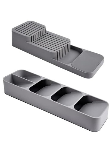 Paporich Kitchen Drawer Organizer Set, Knife &amp; Cutlery Organizer, Minimalist Grey Caddy, 2-Compartment, 810g, Tabletop Mount, Plastic, Unisex, Utensils, Grey Family