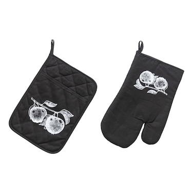 Pot Holder 17x28cm + Oven Mitt 18x25cm, Plain Black
