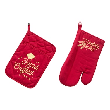 Pot Holder 17x28cm + Oven Mitt 18x25cm, Plain Red