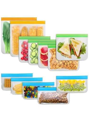 10 Pcs Reusable Food Storage Bags, Multisize Leak Proof Freezer Bags, Upgraded 10 Pcs Kitchen Storage Organization Bags BPA-Free Reusable Ziplock Bags