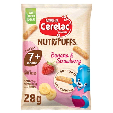 Nestle Cerelac Nutripuffs, Banana and Strawberry, from 7 Months, 28g