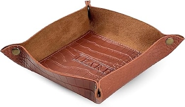 LEART Leather Valet Tray - Small &amp; Compact Catchall Tray   Desk, Bedside, Home Entrance Entryway Organizer   Leather Tray for Keys, Coins, Stationary, Jewellery (Caramel   Crocodile Texture)
